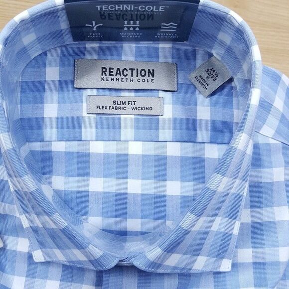 KENNETH COLE REACTION Shirt Mens Size 14.5 32 33 Blue Check Slim Fit Flex Fabric - Picture 2 of 4
